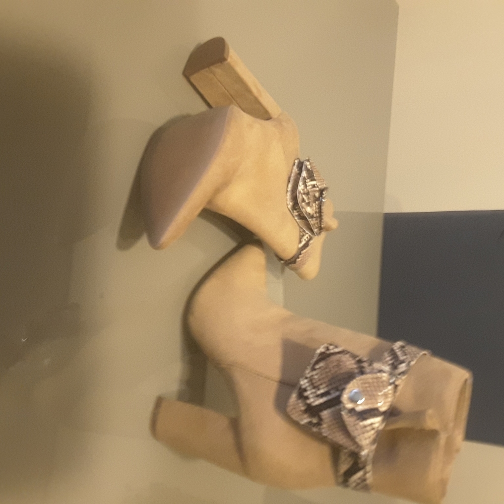 Quip tan faux suede boots with snake skin accent